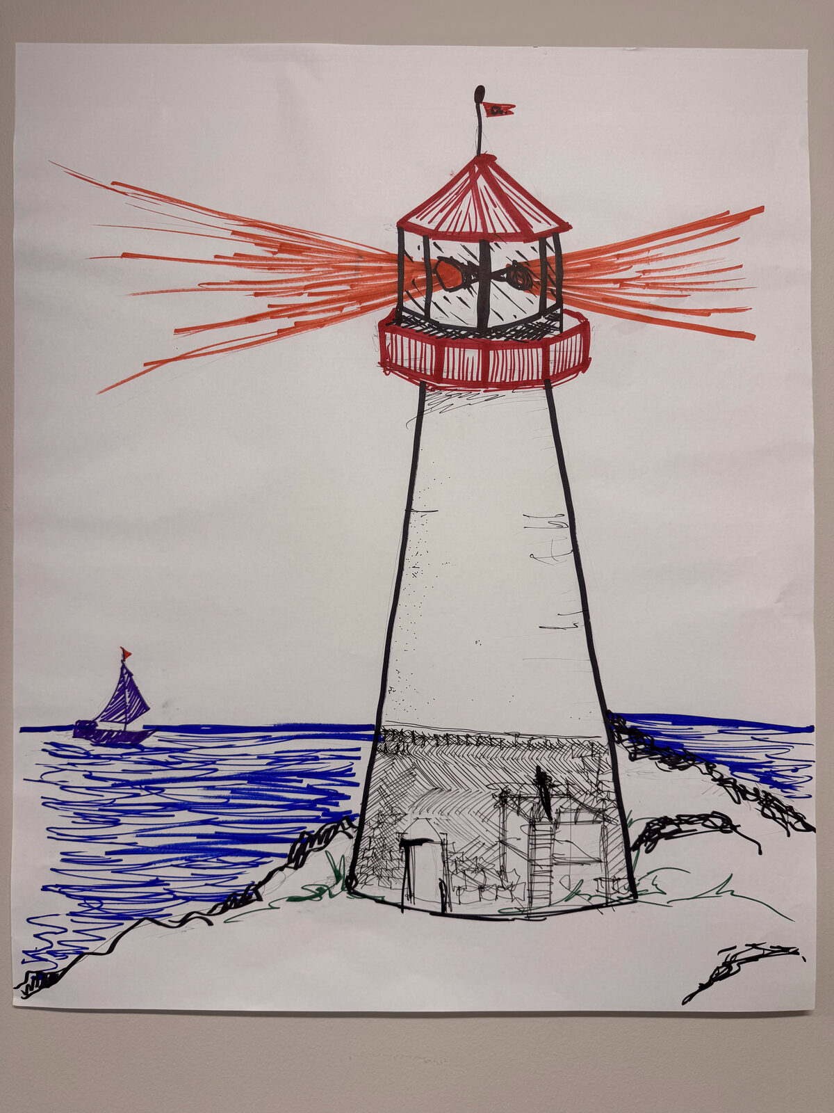 A lighthouse casting a wide red beam across dark blue water, with a small sailboat finding its way in toward the shore.