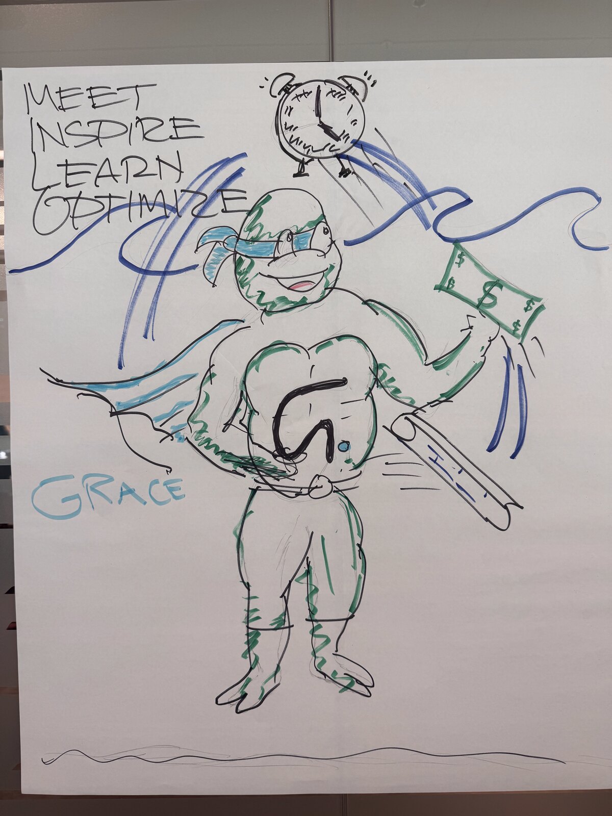 Drawing of a caped superhero turtle with a G on its chest holding a clock, cash, and a rolled drawing, captioned Meet Inspire Learn Optimize and Grace.
