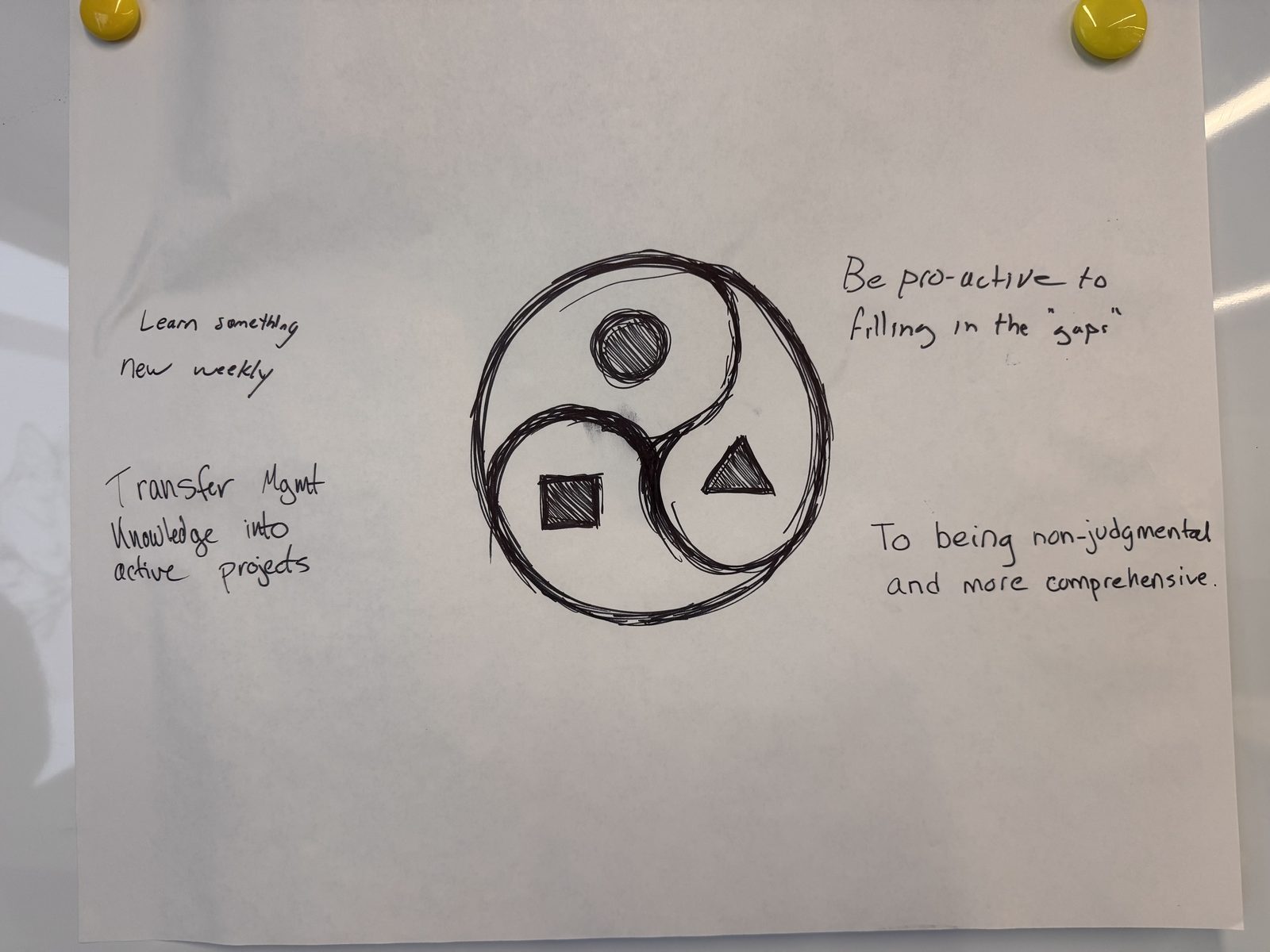 Yin-yang circle containing a circle, a square and a triangle in balance.