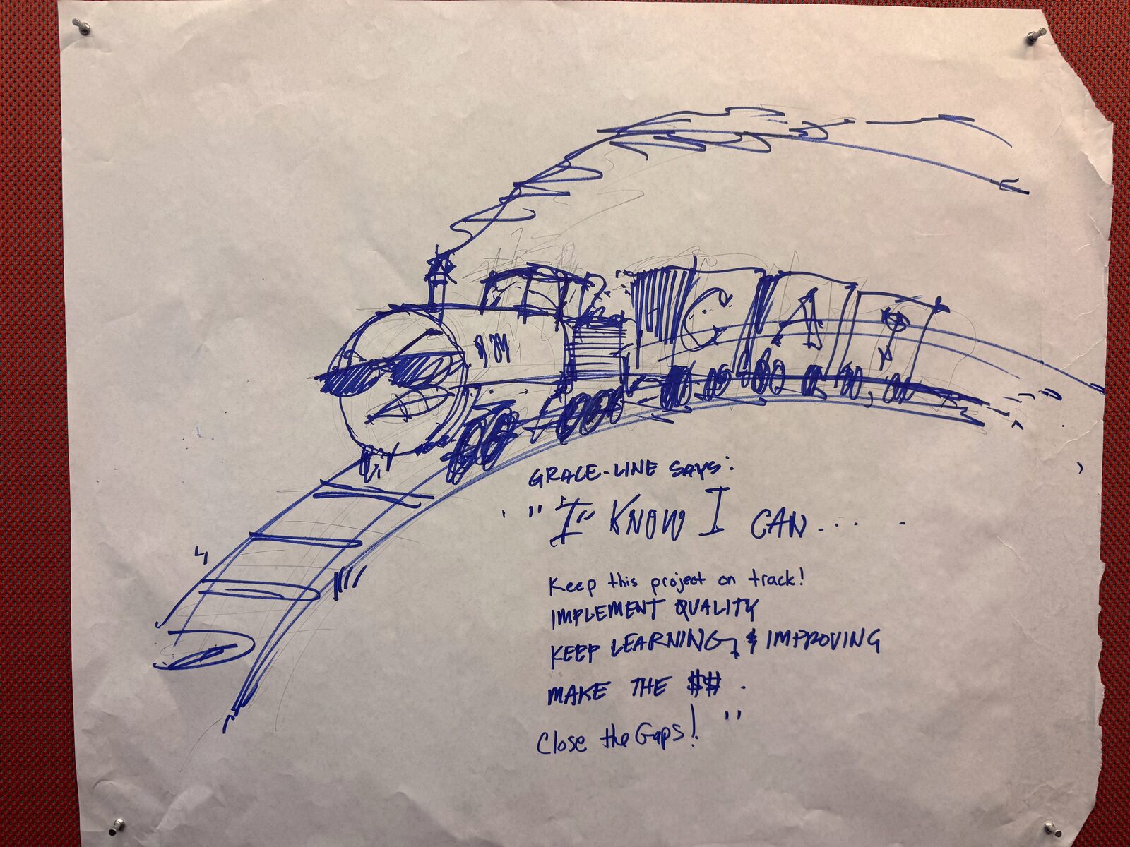 Drawing of a train labeled GRACE pulling down a track, captioned I know I can.