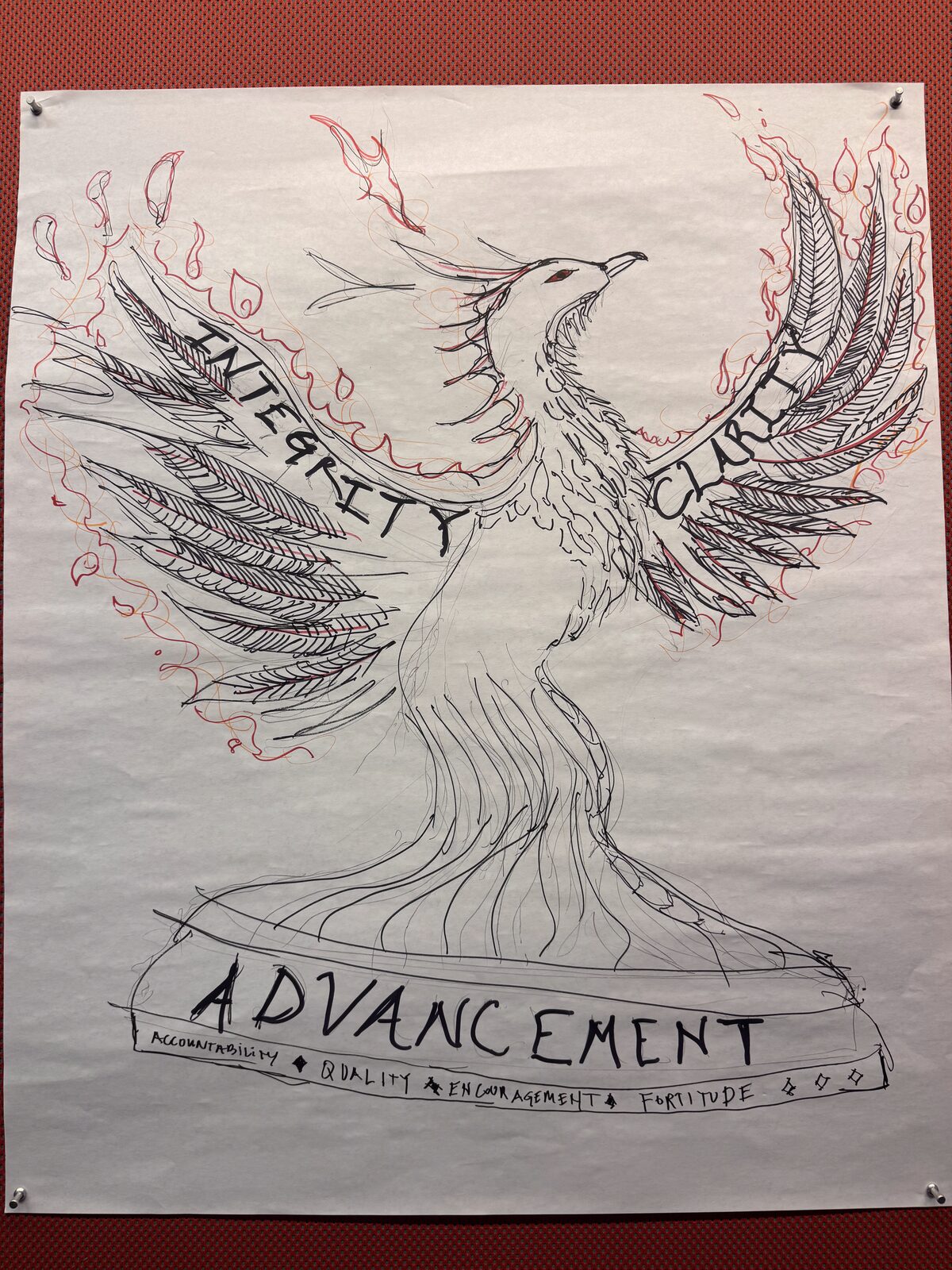 Ink drawing of a phoenix rising from flames with wings labeled Integrity and Clarity over a base labeled Advancement.